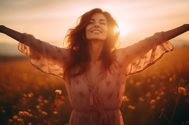 woman feeling freedom and contentment with open arms in a field at sunrise