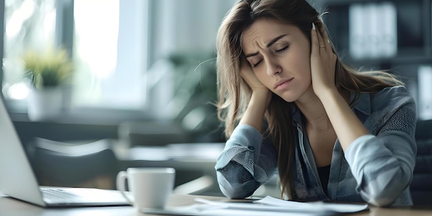 Woman feeling overwhelmed and stressed while working remotely at her desk Concept Remote Work Stress Overwhelmed Workplace Concentration