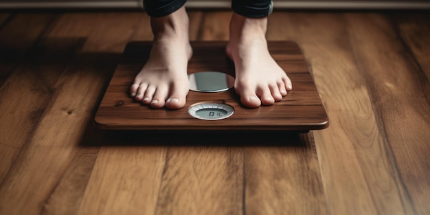 Woman feet on scale in English language on the wooden background