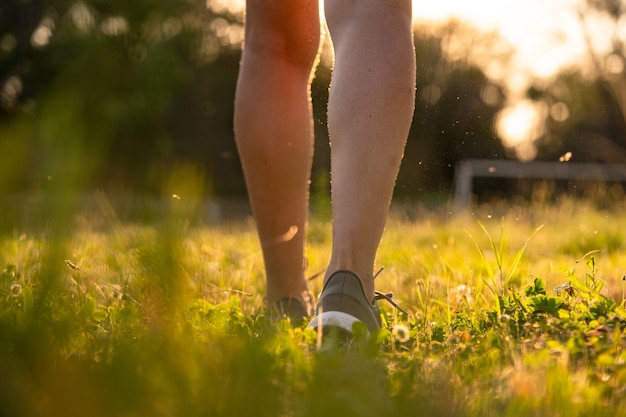 Woman feet in sneakers outdoors close up, training on a sunset in a park with green grass, beautiful sporty legs