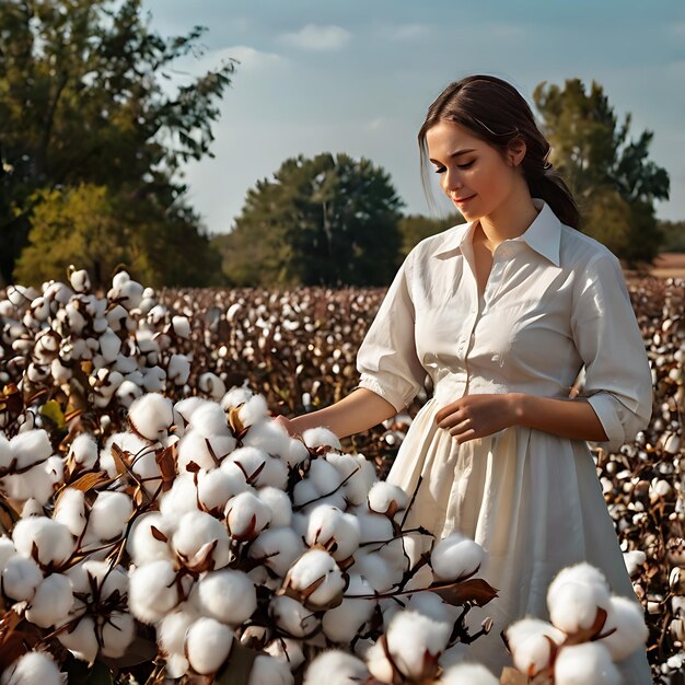 Photo a woman in a field of cotton that is being harvested