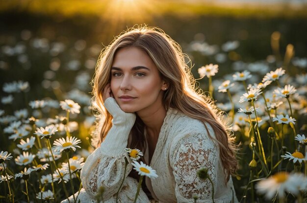 woman in a field of daisies with the sun behind her