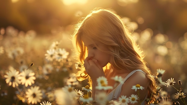 a woman in a field of daisies with the sun behind her