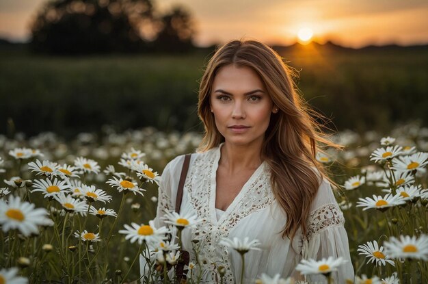 woman in a field of daisies with the sun setting behind her