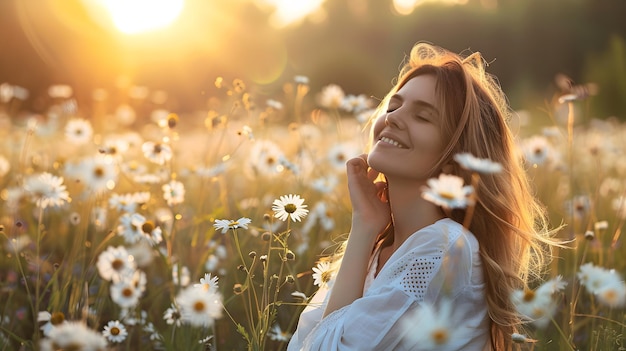 a woman in a field of daisies with the sun setting behind her