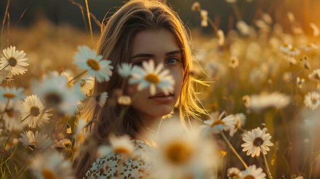 a woman in a field of daisies with a sunflower in the background