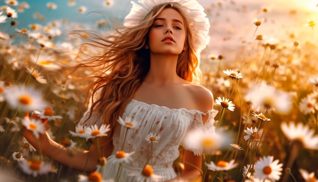 A woman in a field of daisies