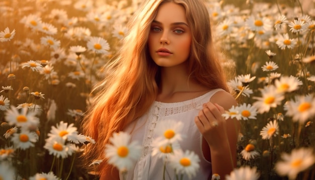 A woman in a field of daisies