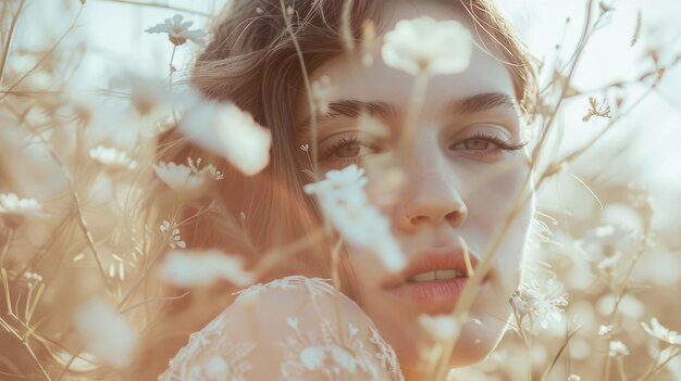 Photo a woman in a field of delicate white flowers looking serene and thoughtful amidst nature