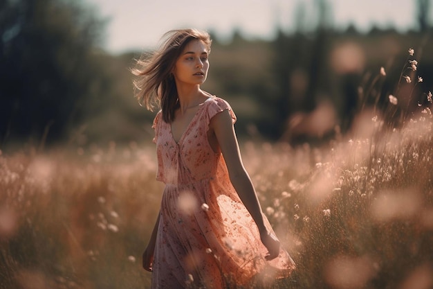 A woman in a field of flowers looks at the camera