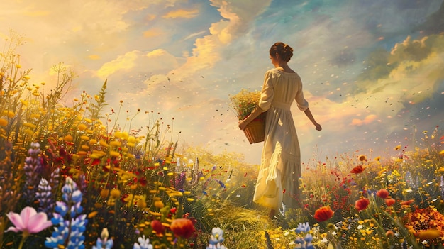 a woman in a field of flowers with a basket of grass