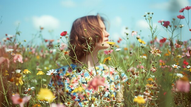 a woman in a field of flowers with a blue sky behind her