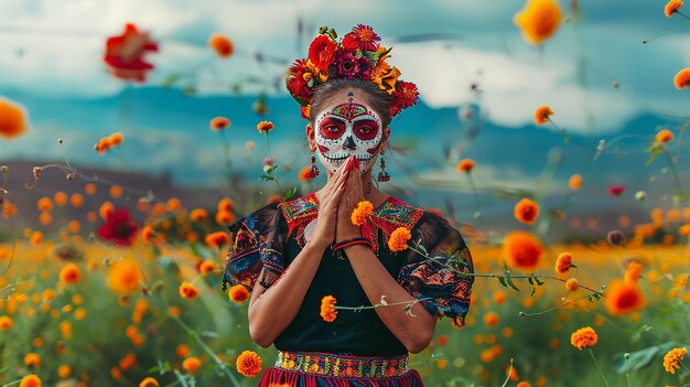 Photo a woman in a field of flowers with her hands in the air