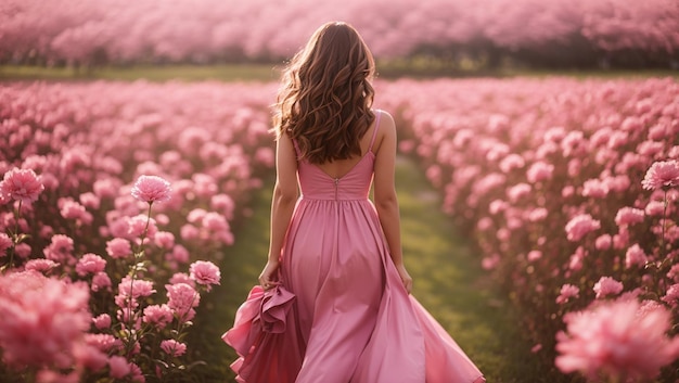 a woman in a field of flowers with a pink background