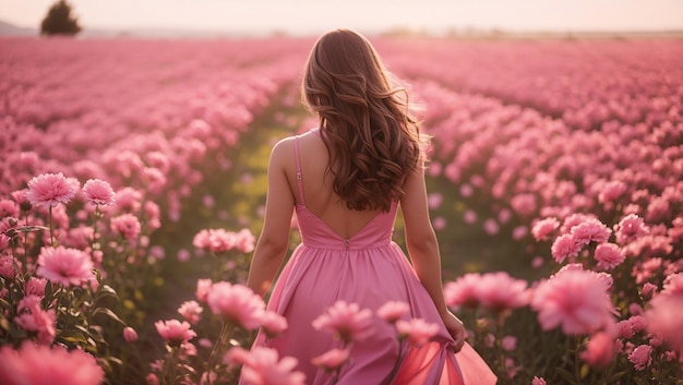 a woman in a field of flowers with a pink background