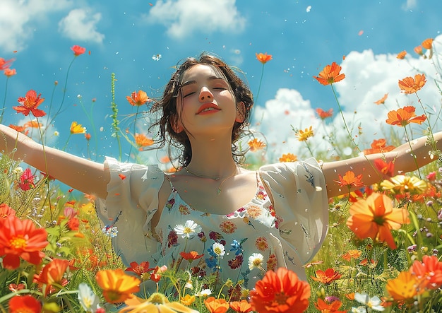 Photo a woman in a field of flowers with the sky behind her