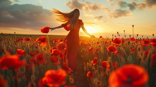 a woman in a field of flowers with the sun behind her