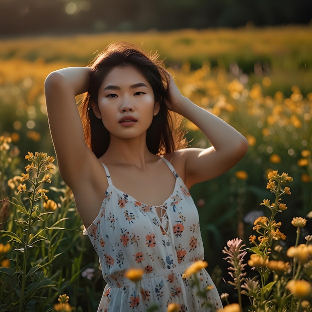 a woman in a field of flowers with a sun setting behind her