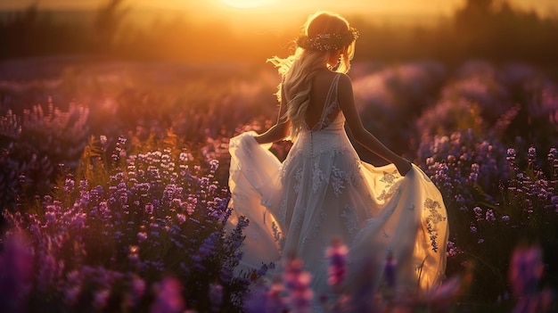 a woman in a field of flowers with the sun setting behind her