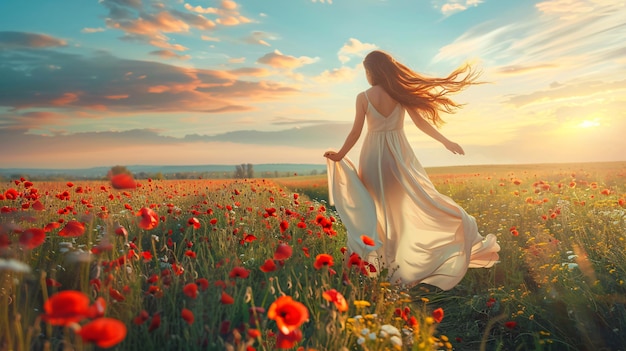 a woman in a field of flowers with the sun setting behind her