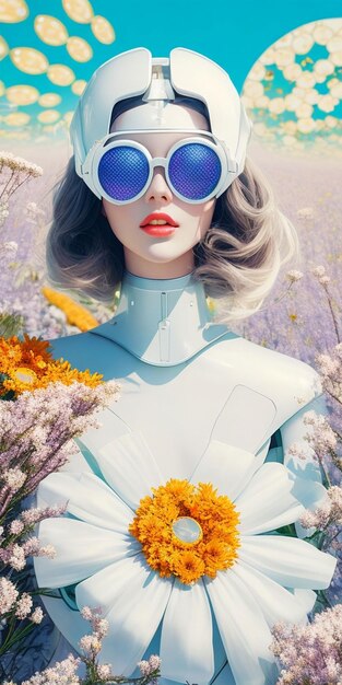 A woman in a field of flowers with sunglasses