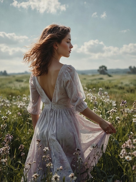 a woman in a field of flowers