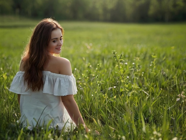 Photo a woman in a field of grass with flowers