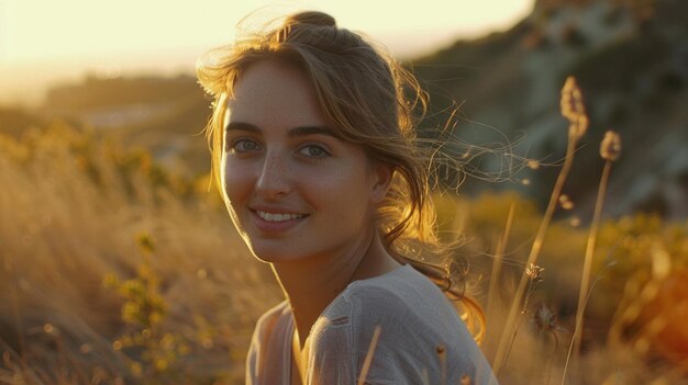 a woman in a field of grass with the sun behind her