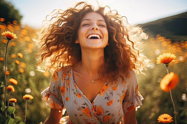 A woman in the field joy in every movement like an energetic way of life