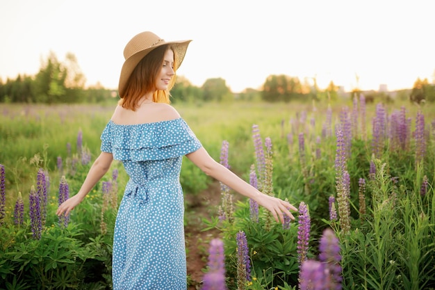 A woman in a field of lupins goes touches the flowers with her hand Rear view