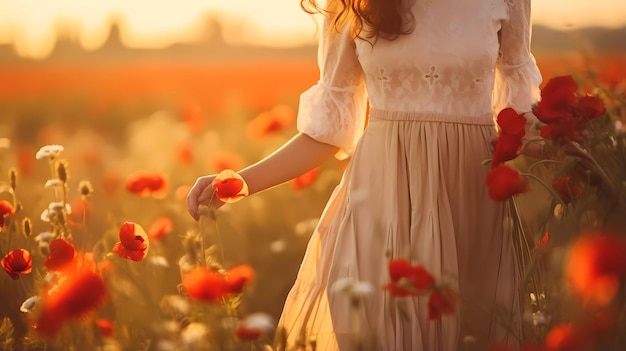 a woman in a field of red flowers with her hand in the air