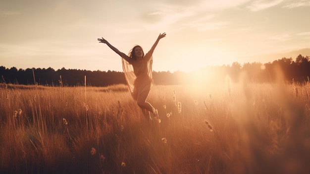 A woman in a field of wheat with her arms outstretched