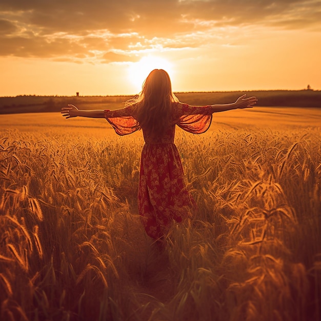 A woman in a field of wheat with her arms outstretched