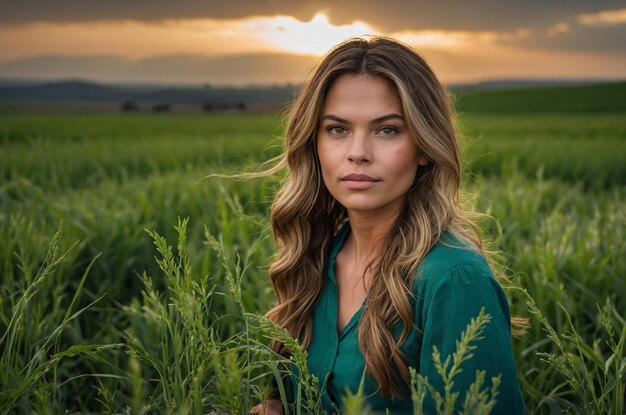 a woman in a field of wheat with the sun behind her