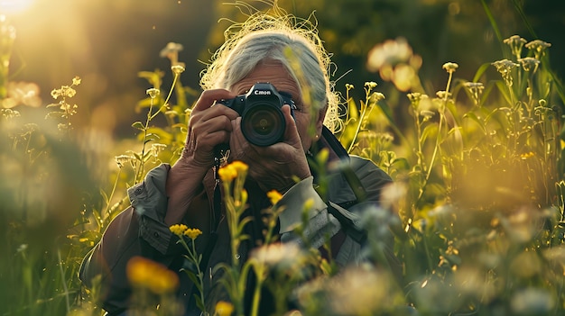 Photo a woman in a field of wildflowers takes a photo with a dslr camera