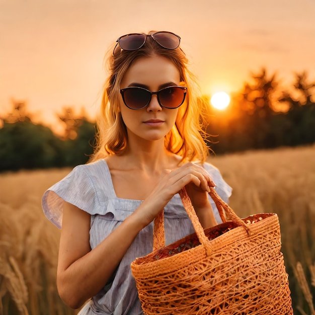 a woman in a field with a basket that has the sun behind her