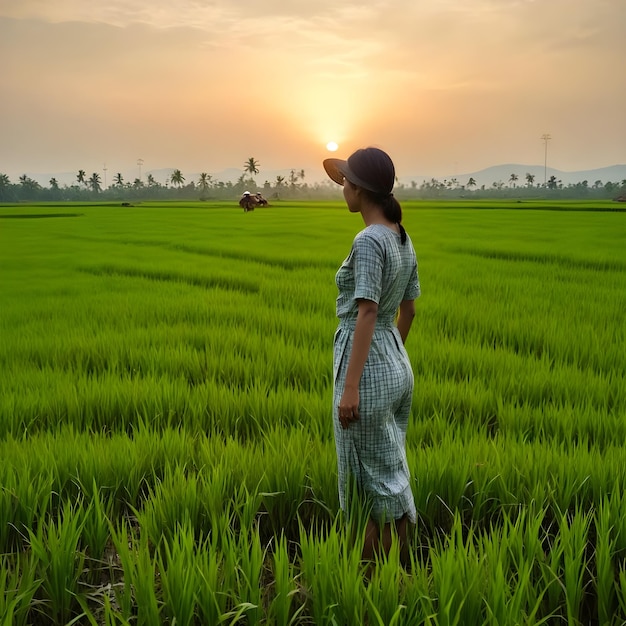 a woman in a field with a bird flying over her head