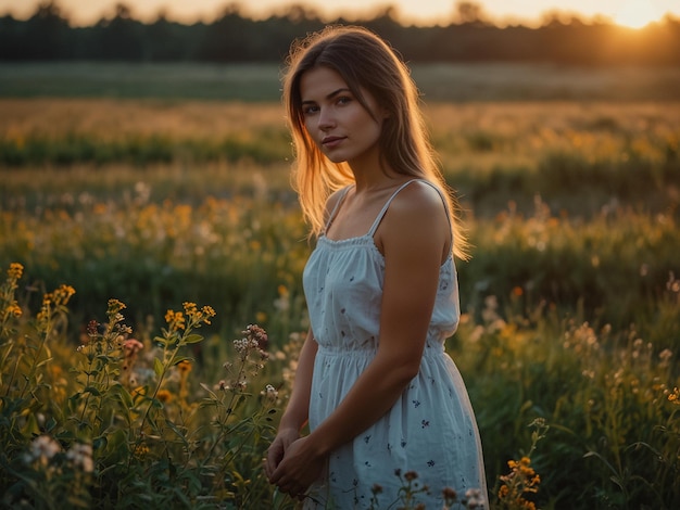 a woman in a field with flowers in the background