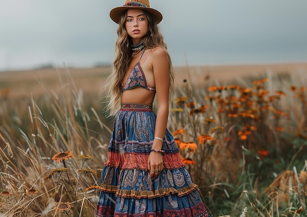 Photo a woman in a field with a hat on