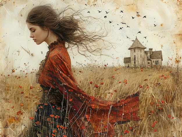 a woman in a field with a house in the background