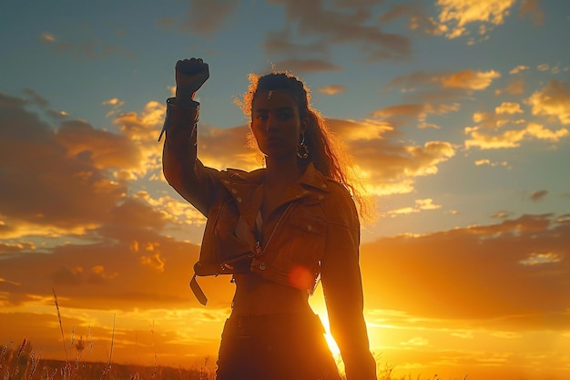 Photo a woman in a field with the sun behind her