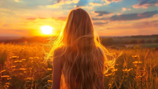 a woman in a field with the sun setting behind her back