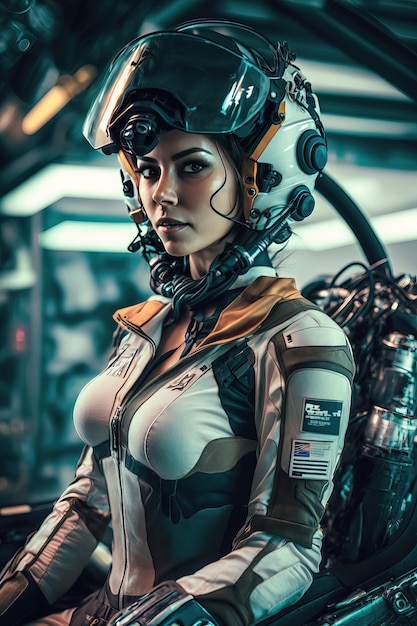 Woman fighter jet or space ship pilot in flight suit professional color grading Generative Ai