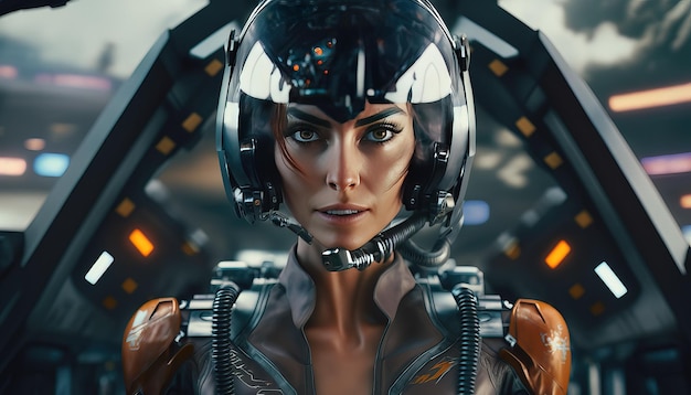 Woman fighter jet or space ship pilot in flight suit professional color grading Generative Ai