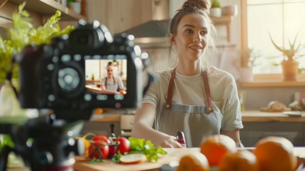 Photo woman filming cooking vlog