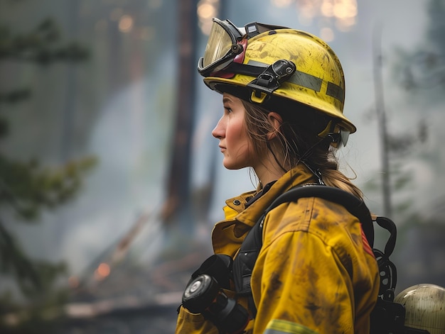 Photo a woman firefighter forest smoky background on the background labor day