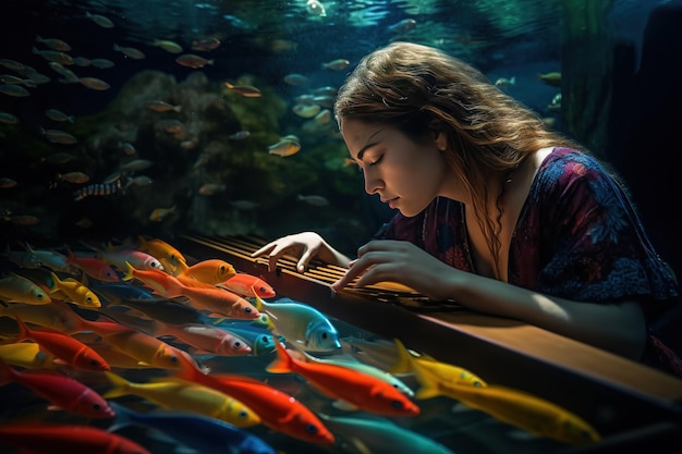 A woman in a fish tank with a fish on the bottom