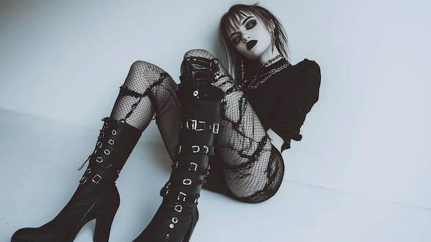 Photo a woman in fishnet stockings and boots sitting on the floor