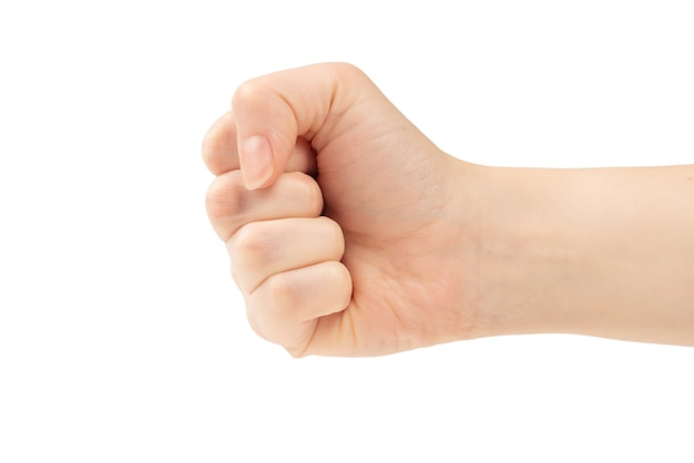 Woman fist isolated on white background. Copy space.