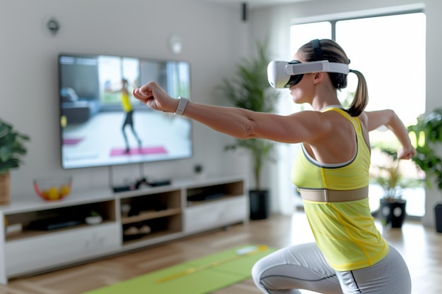 Photo woman fitness enthusiast performing workout routine with ar overlays in a modern living room